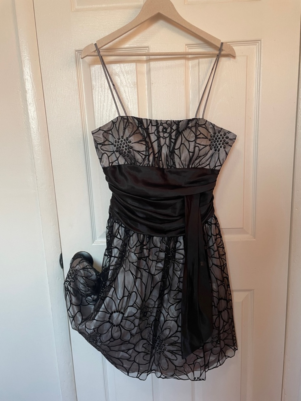 Black and Silver Floral Midi Dress with Waist Sash